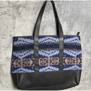 Pendleton Large Wool & Leather Tote Zip Top Aztec‎ Print Weekend Bag Americana